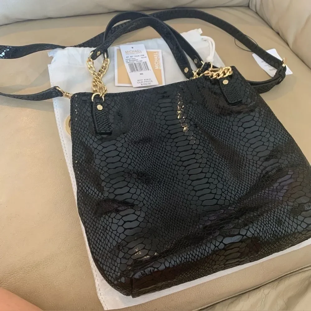 Michael Kors Jet Set Chain Black Messenger Embossed Leather 35F4GTCM2G Brand New